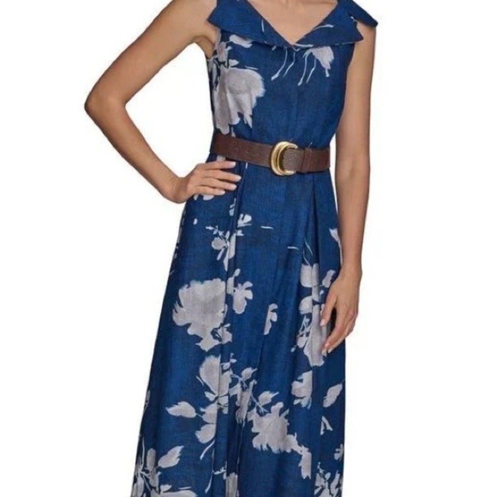 Donna Karan New York Midnight Blue Floral Sleeveless Midi Dress 2 Linen Blend
